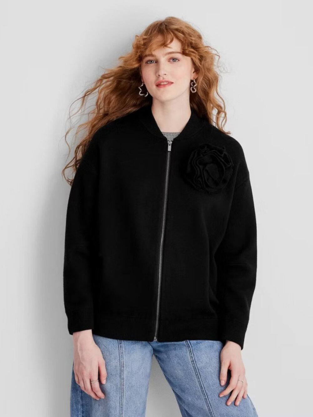 Women Rosette Sweater Bomber Jacket - Future Collective Black XS